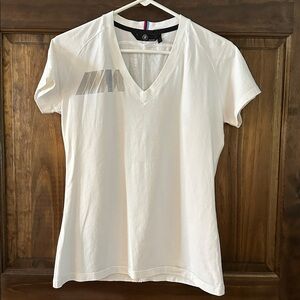 BMW Stretch V-Neck Womens white Short Sleeve T-Shirt Size large